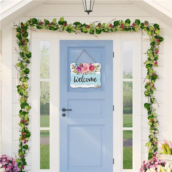 Welcome Hanging Sign Front Door Decor Wooden Welcome Sign Watercolor Floral - Picture 6 of 8